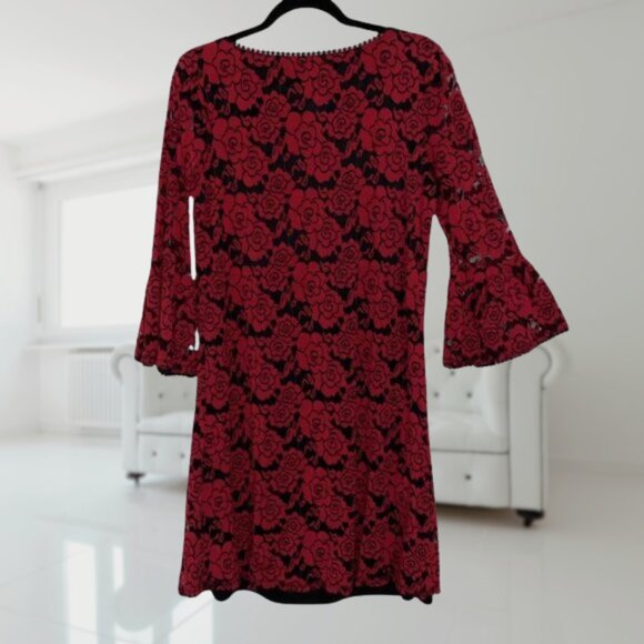 NWT Red Floral Lace Bell Sleeve Dress | Lined | Romantic Stretchy Fit | Size L - Picture 3 of 11